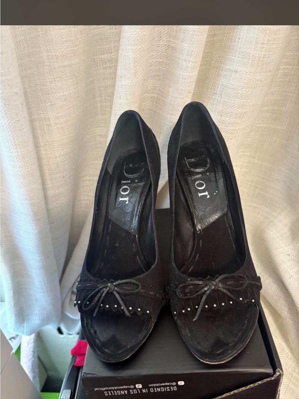 Dior Black Moccasin Fringe Suede Peep-Toe Heels with Bow Detail